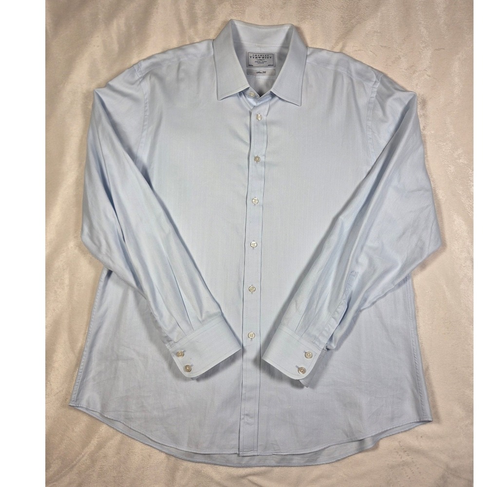Charles Tyrwhitt Slim Fit Dress Shirt Light Blue Herringbone 18/37 Mens XL
